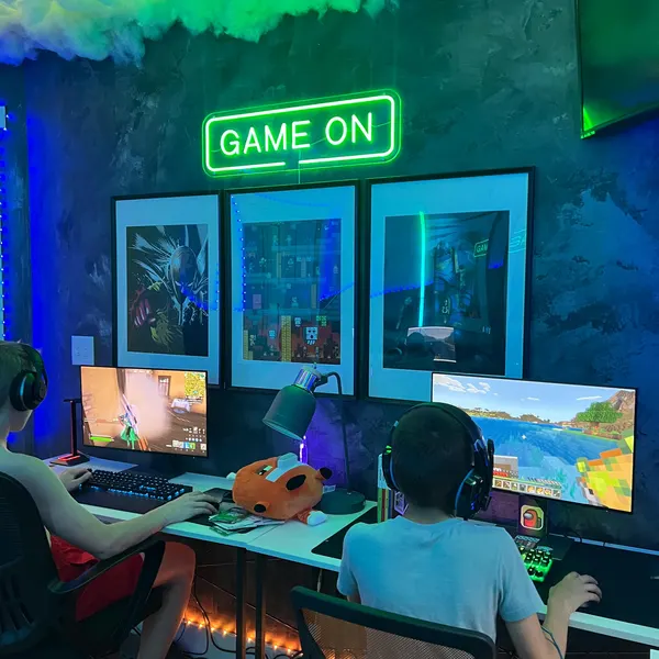 Game On arcade LED neon sign in a games room